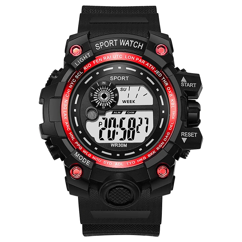 Men's LED digital watch by Hot Trend Vault featuring luminous display, waterproof design, and military-style sport features.