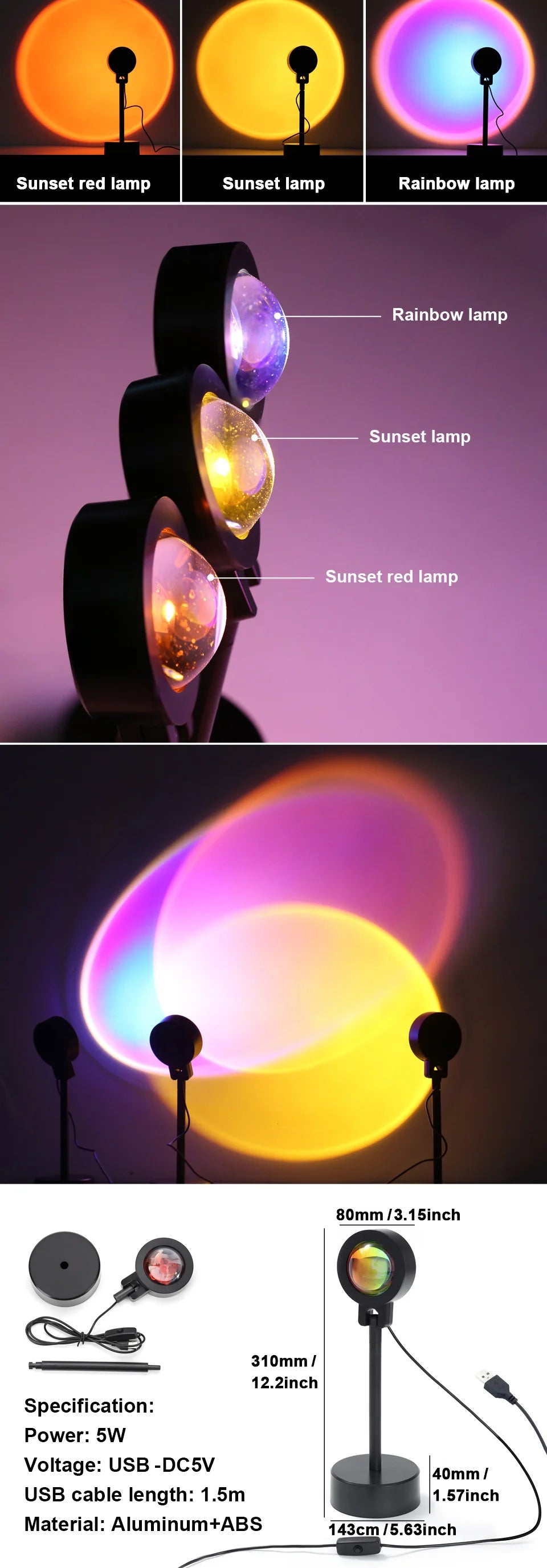 Sunset Lamp LED Rainbow Neon Night Light Projector Photography Home Decor Birthday Party Mood Light For Bedroom Living Room Gift