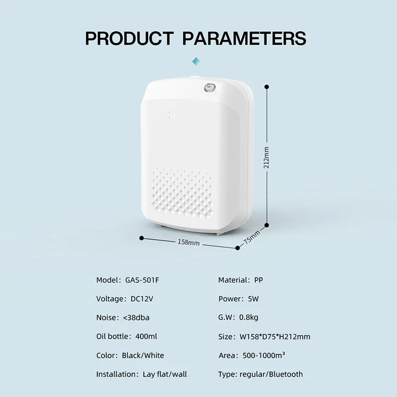 Hot Trend Vault LuxPerfume essential oil diffuser, 400ml wall-mounted hotel diffuser shown in sleek design with mist outlet and control panel.
