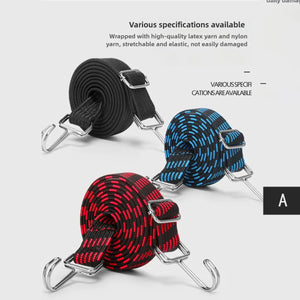 Heavy-duty motorcycle bungee cord with hooks for luggage security, shown in black with metal hooks for rider's gear.