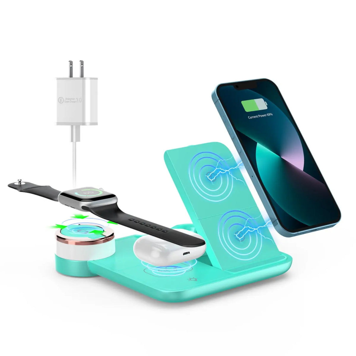 Foldable 3-in-1 wireless charging station by Hot Trend Vault with night light, compatible with iPhone 15, 14, and 13, 15W fast charge