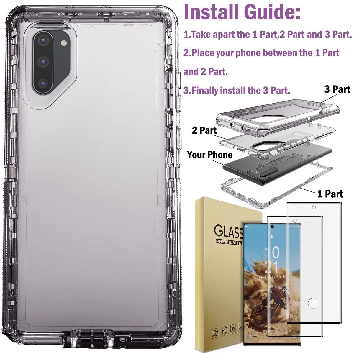 For Samsung Galaxy Note10/Plus Transparent Case Shockproof Cover And 2pcs Tempered Glass Screen Protector Case Friendly Clear