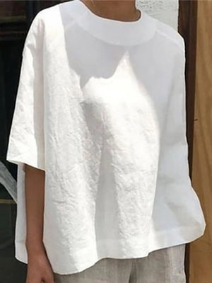Hot Trend Vault OSHOPLIVECN linen women's T-shirt with round neck and loose fit, shown in a casual, comfortable style.