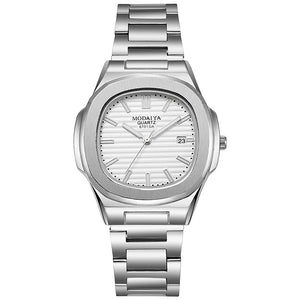 Hot Trend Vault men's square quartz watch with stainless steel band and stripe dial, stylish accessory for men.