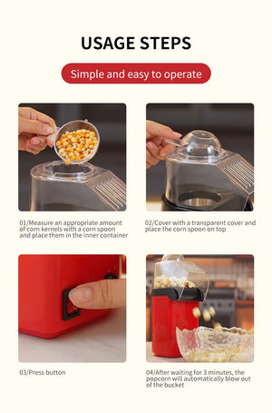 Hot Trend Vault hot air popcorn maker with 1200W, no oil needed, portable for home use, shown in a modern kitchen setting.