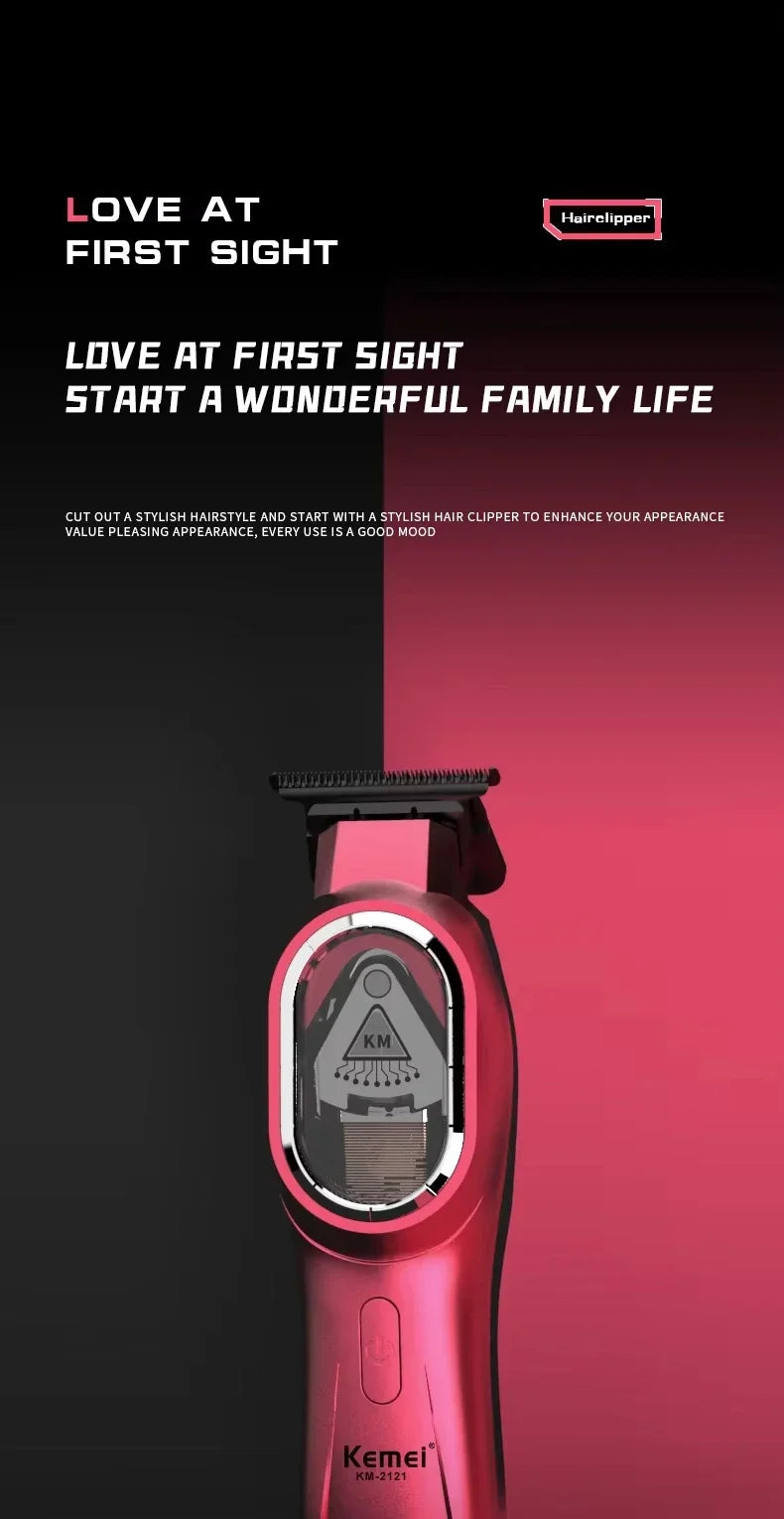 Kemei KM-8502 cordless hair clipper kit with adjustable blades and attachments for home grooming, displayed with accessories.