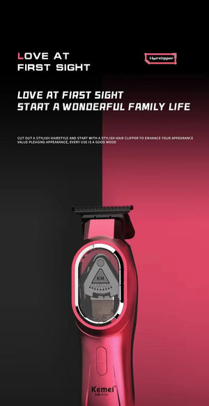 Kemei KM-8502 cordless hair clipper kit with adjustable blades and attachments for home grooming, displayed with accessories.