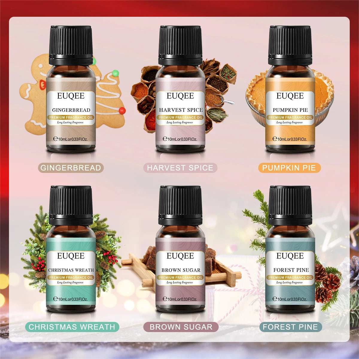 Set of six EUQEE fragrance oils for men and women in 10ml bottles by Hot Trend Vault, showcasing colorful bottles on a white background.