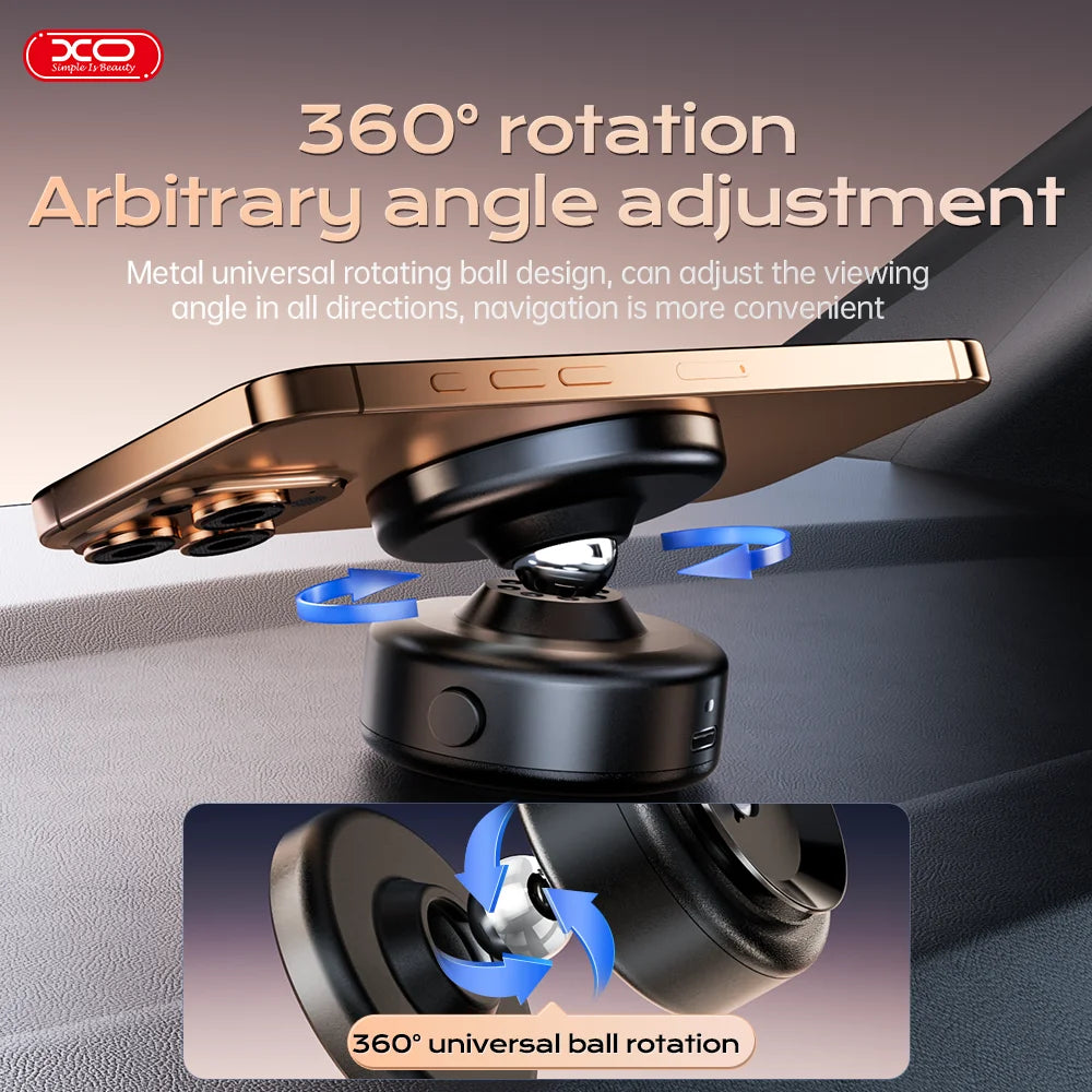 Hot Trend Vault XO C166 360° rotatable magnetic wireless car charger holder with phone mount on dashboard for iPhone and Android devices.