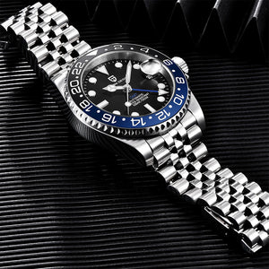 Luxury PAGANI DESIGN GMT men's watch with sapphire crystal, automatic movement, 40mm case, black dial, and stainless steel bracelet.