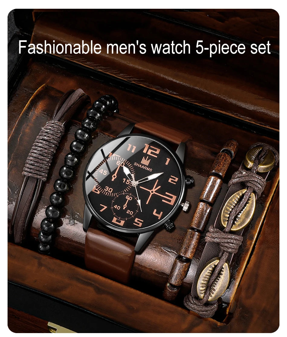 Men's sports watch set by Hot Trend Vault featuring five retro big dial quartz watches with brown leather straps.