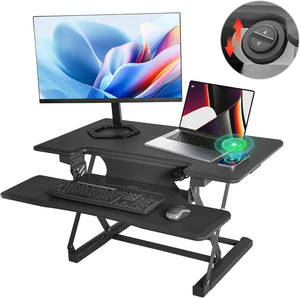 Redlife standing desk converter with wireless charger from Hot Trend Vault, showing adjustable height and sleek office design.