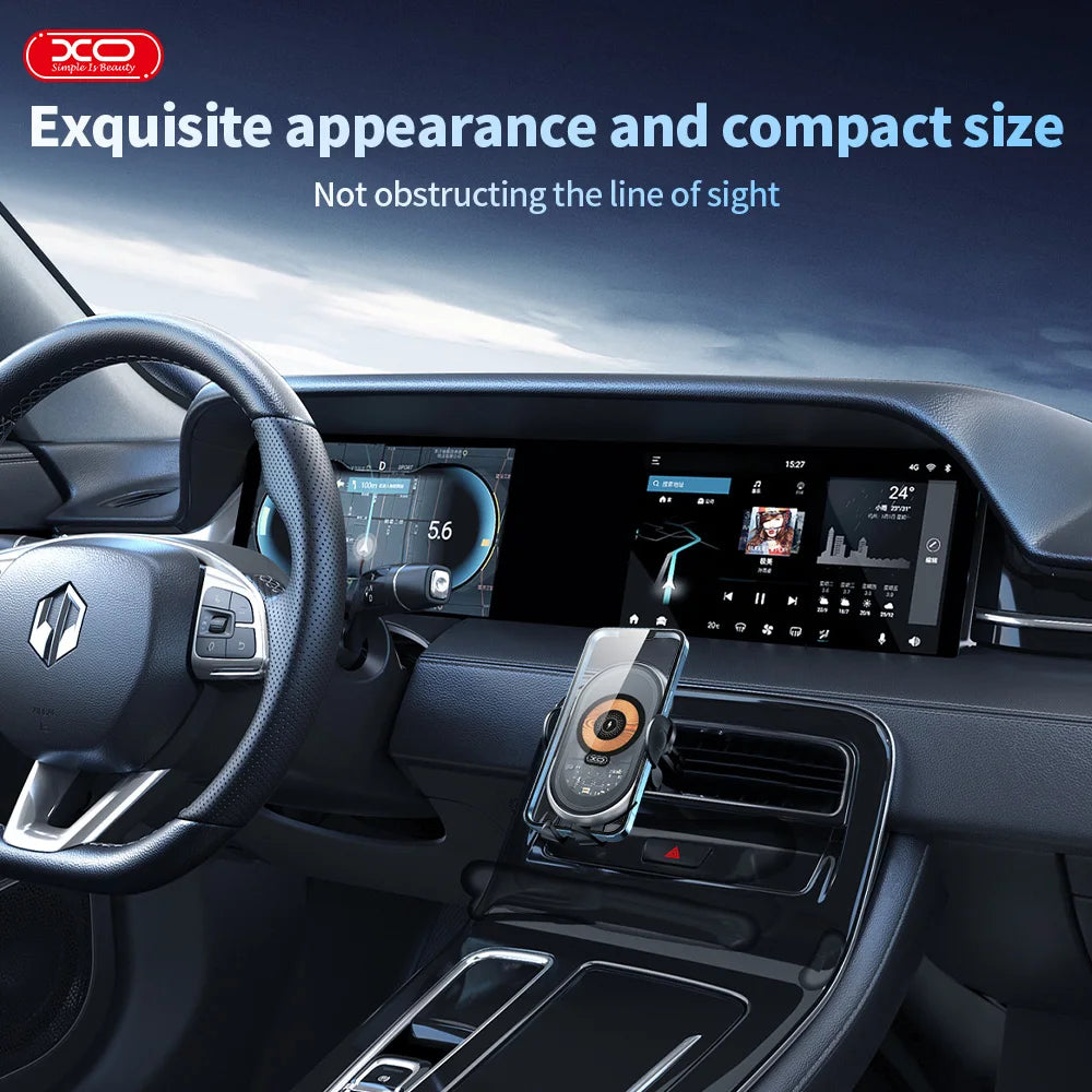 Wireless car charger with magnetic holder, suction cup, and air outlet bracket for secure smartphone mounting during driving.