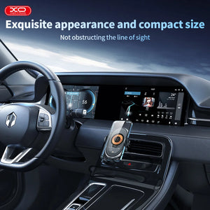Wireless car charger with magnetic holder, suction cup, and air outlet bracket for secure smartphone mounting during driving.