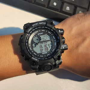 Men's LED digital watch by Hot Trend Vault with luminous display, waterproof design, military style, and sports features.