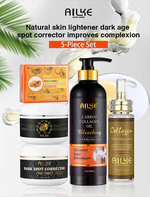 Unisex AILKE Collagen 5-in-1 skincare kit with serum bottles and skincare products for even tone and radiant glow.