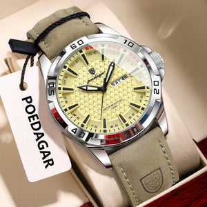 Luxury men's waterproof leather quartz watch with date display from Hot Trend Vault, showcasing a sleek and stylish accessory.