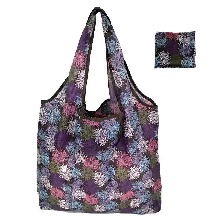 Reusable shopping bag for women by Hot Trend Vault, large eco foldable tote with carrying case, ideal for groceries and everyday use.