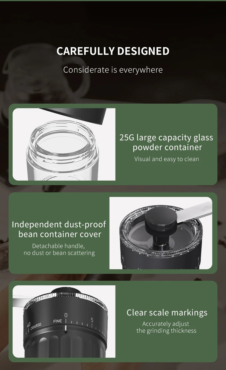 Hot Trend Vault DCNB Mini Manual Coffee Grinder with conical burr, adjustable settings, and 30g capacity for espresso lovers