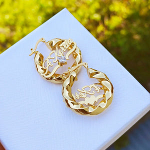 2 Pcs Set Custom Name Jewelry Set Personalized Birthstone Name Necklace 30mm/50mm Heart Bamboo Hoop Earrings for Christmas Gift