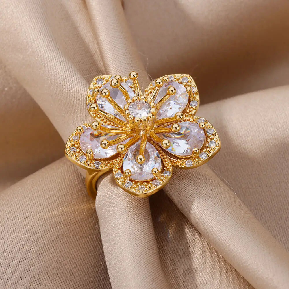 Green Zircon Flower Rings For Women Gold Color Stainless Steel Flower Floral Ring Elegant Luxury Wedding Aesthetic Jewelry Gift