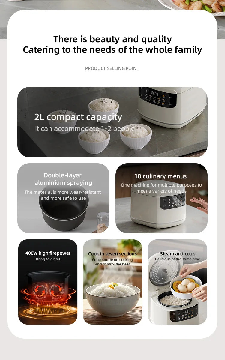 Smart Rice Cooker Compact 2-Liter Capacity Ideal for 1-2People 400W Mini Rice Cooker With Timer Function Perfect for Home or Car