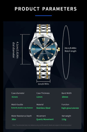 Hot Trend Vault Va Va Voom men's luxury diamond watch with night glow dial, 41mm case, double calendar, quartz movement.
