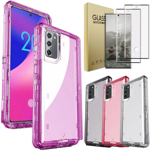 Hot Trend Vault Galaxy Note20 Ultra transparent shockproof case with two tempered glass screen protectors on a white background.