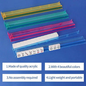 Multicolor acrylic Mahjong tile pushers set of 4 for family board game storage and organization.