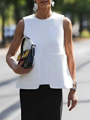White Sleeveless Tops for Women Pockets Vest Tops 2025 New Fashion Round-Neck A-Line Loose Casual Summer T-shirts