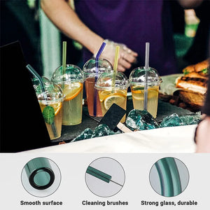 Set of clear reusable glass straws with cleaning brush from Hot Trend Vault, eco-friendly and perfect for sustainable drinks.