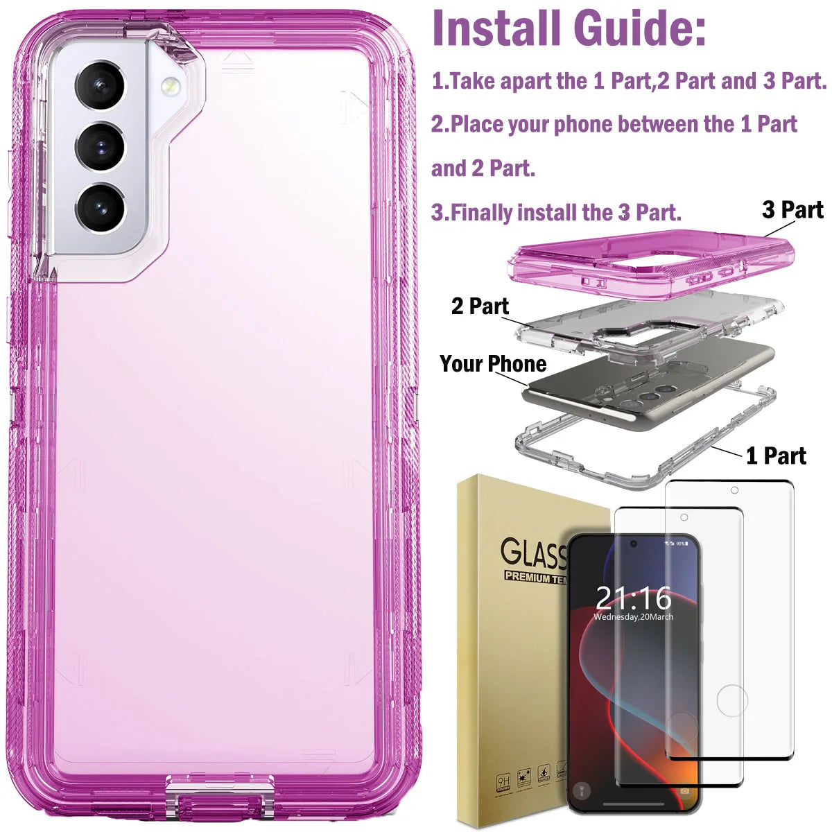 Hot Trend Vault Galaxy S21 Series transparent shockproof case with two tempered glass screen protectors, showing the clear phone cover and protectors.