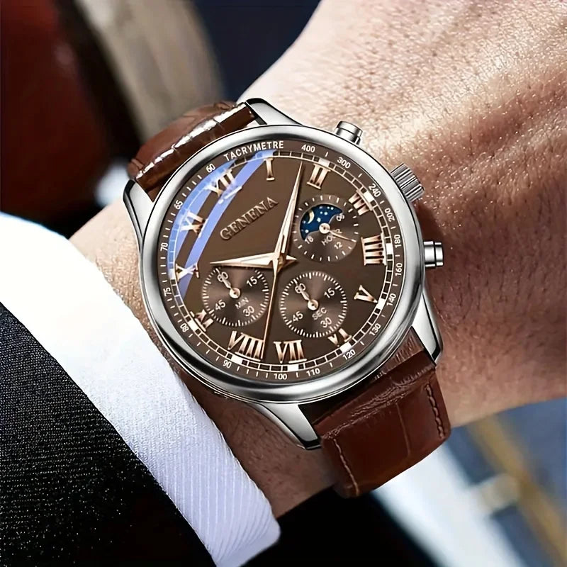 Hot Trend Vault men's leather strap watch with quartz movement, analog dial, and stylish business accessories.