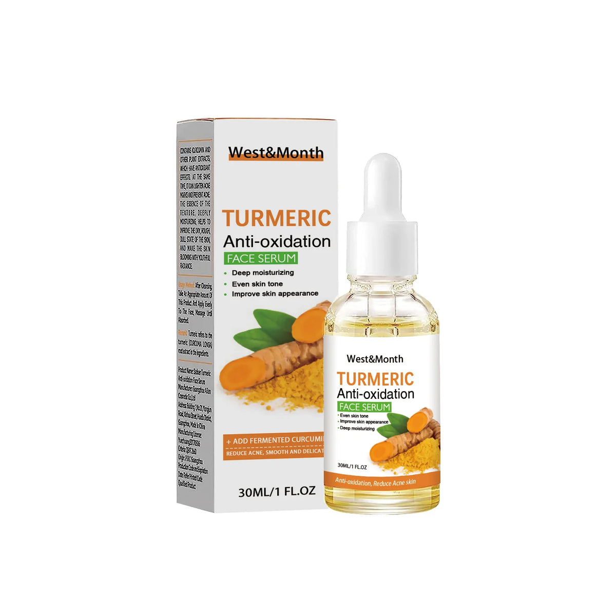 West&amp;Month Turmeric Face Serum for brightening skin, freckles, and pigmentation; suitable for all skin types, acne-prone skincare.