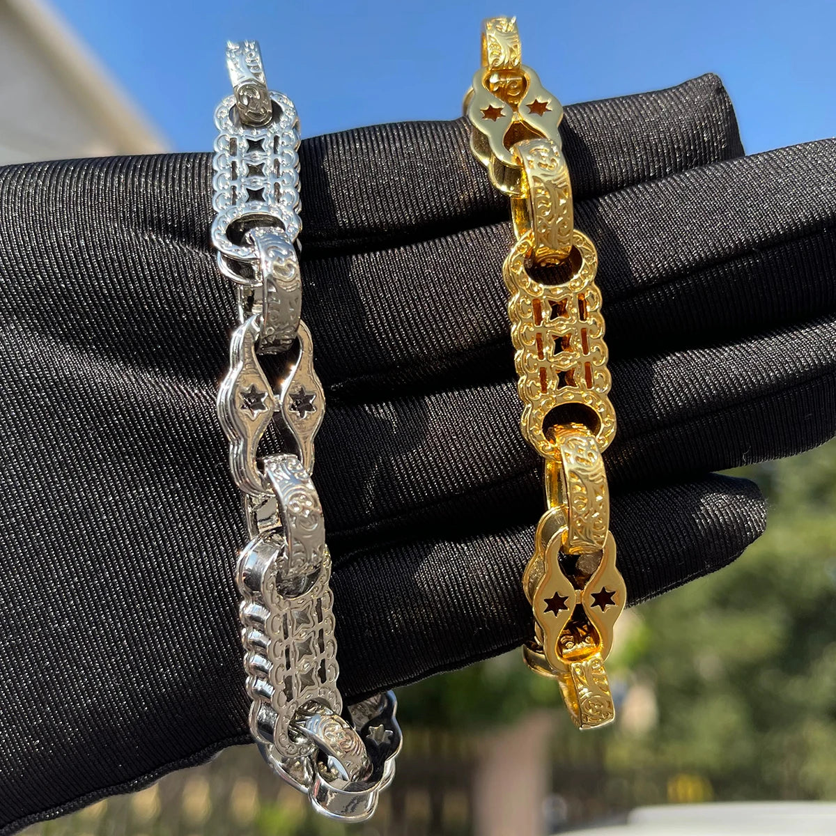 Gold plated Bubble Letter bracelet for men featuring iced out jewelry design, stylish and bold accessory by Hot Trend Vault.