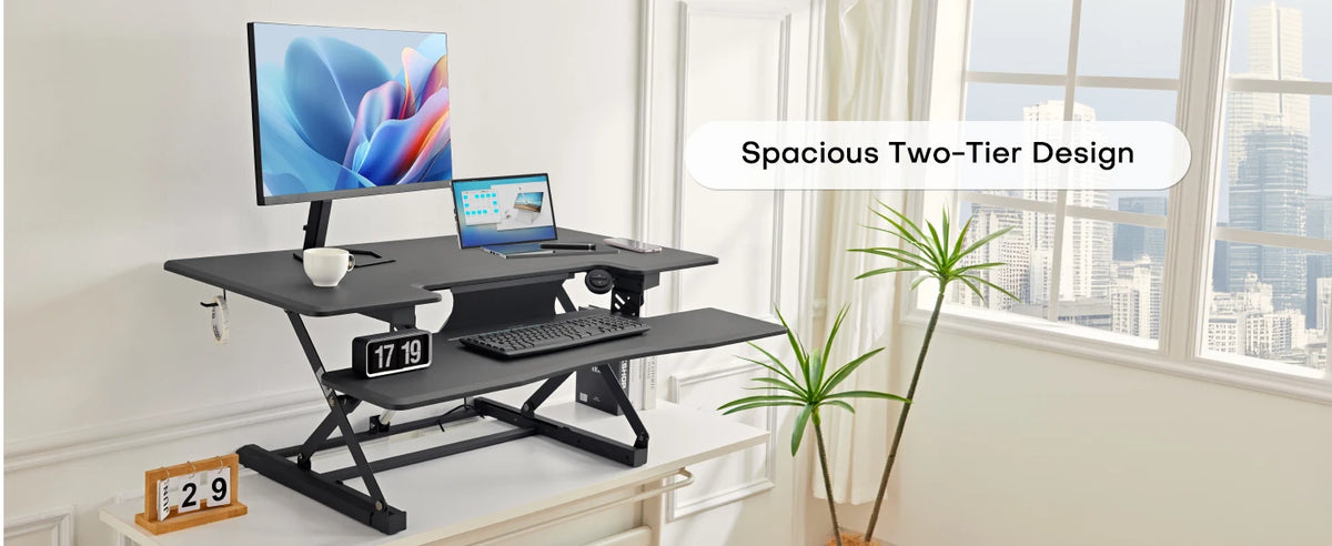 Redlife standing desk converter with wireless charger from Hot Trend Vault, showing adjustable height and workspace surface.