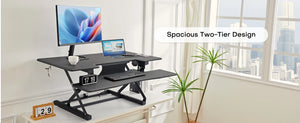 Redlife standing desk converter with wireless charger from Hot Trend Vault, showing adjustable height and workspace surface.