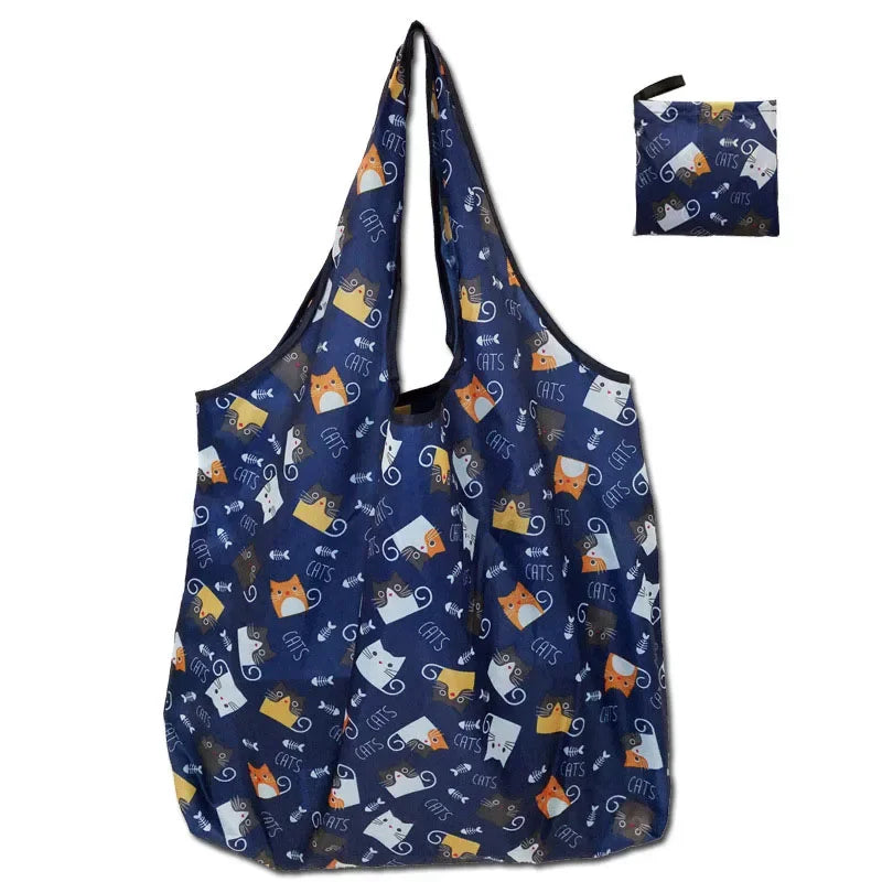 Large eco-friendly foldable tote bag for women from Hot Trend Vault, shown in a compact case with colorful design.