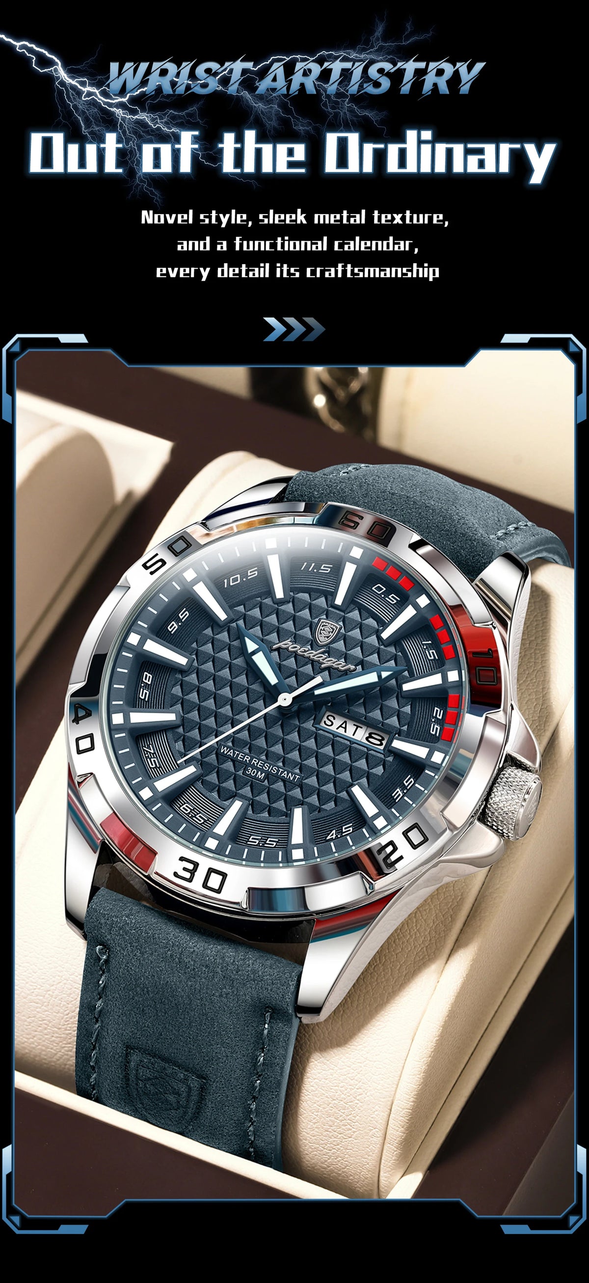 Hot Trend Vault POEDAGAR men's luxury waterproof quartz leather watch with date feature, stylish accessories for men.
