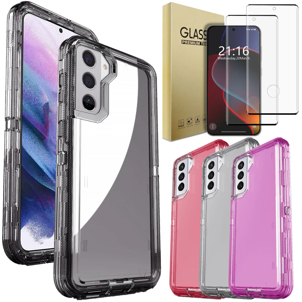 Transparent Shockproof Galaxy S21 series case with two tempered glass screen protectors, designed by Hot Trend Vault.