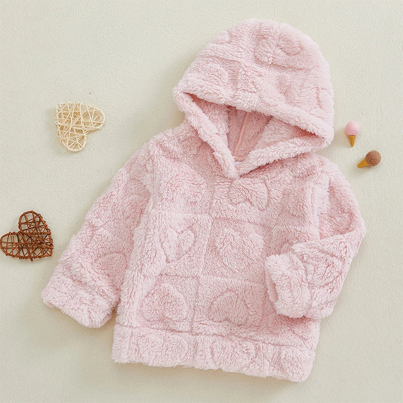 EmmaBaby girls plush hooded sweatshirt with long sleeves, cozy heart pattern, perfect for autumn and winter.