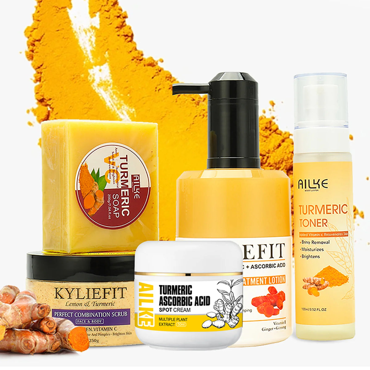 Hot Trend Vault AILKE Organic Turmeric Skin Care Set for all skin types, brightens, evens tone, and clears acne.