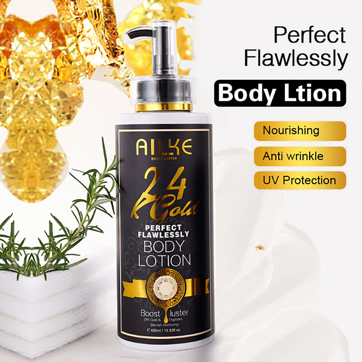 Hot Trend Vault AILKE 24K Gold Collagen Whitening serum bottle with gold accents and elegant packaging.