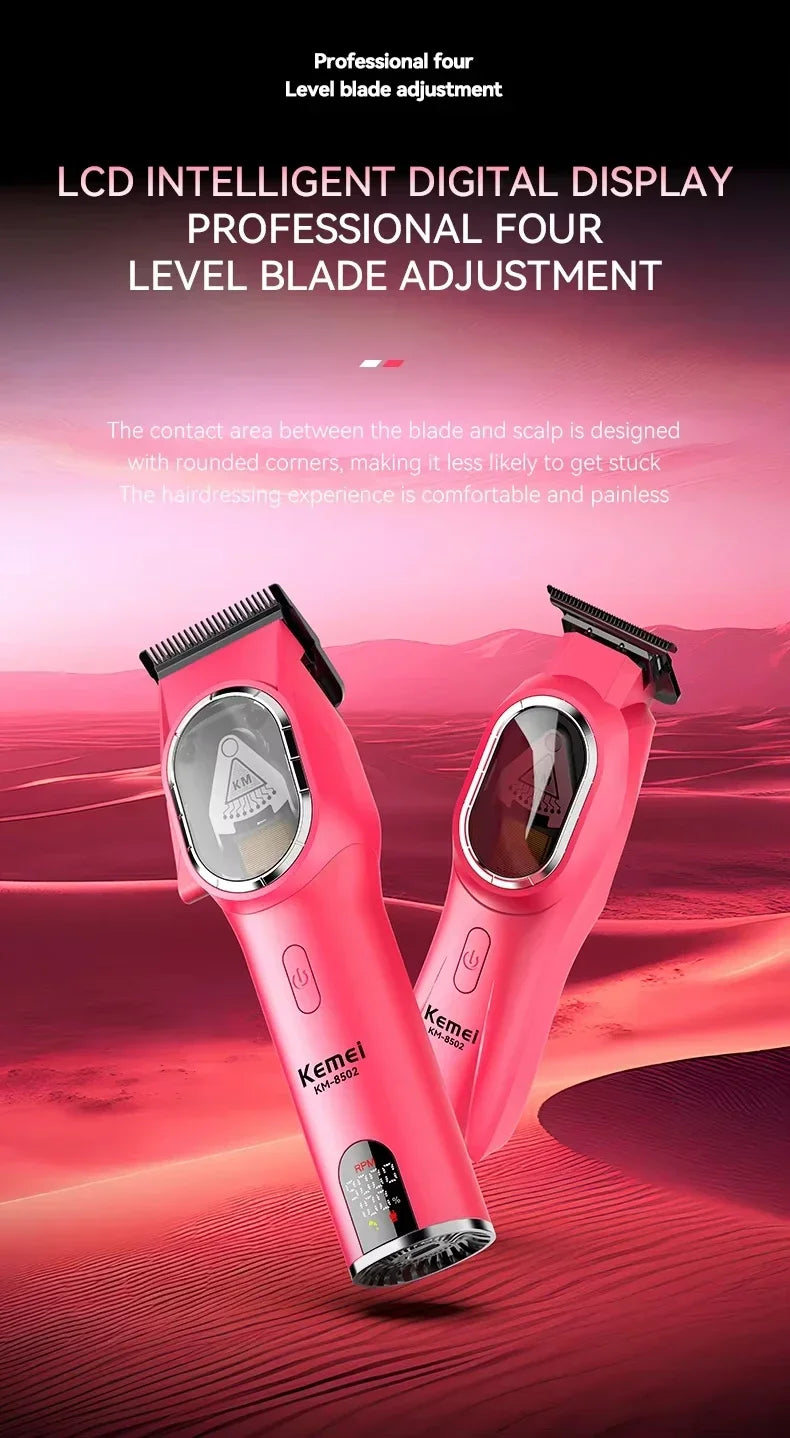 Kemei KM-8502 cordless hair clipper kit with adjustable blades and attachments for home grooming, shown with accessories and charging base.