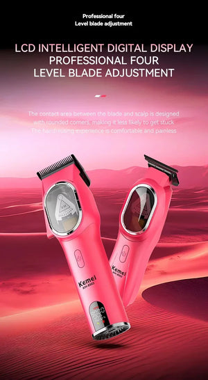 Kemei KM-8502 cordless hair clipper kit with adjustable blades and attachments for home grooming, shown with accessories and charging base.