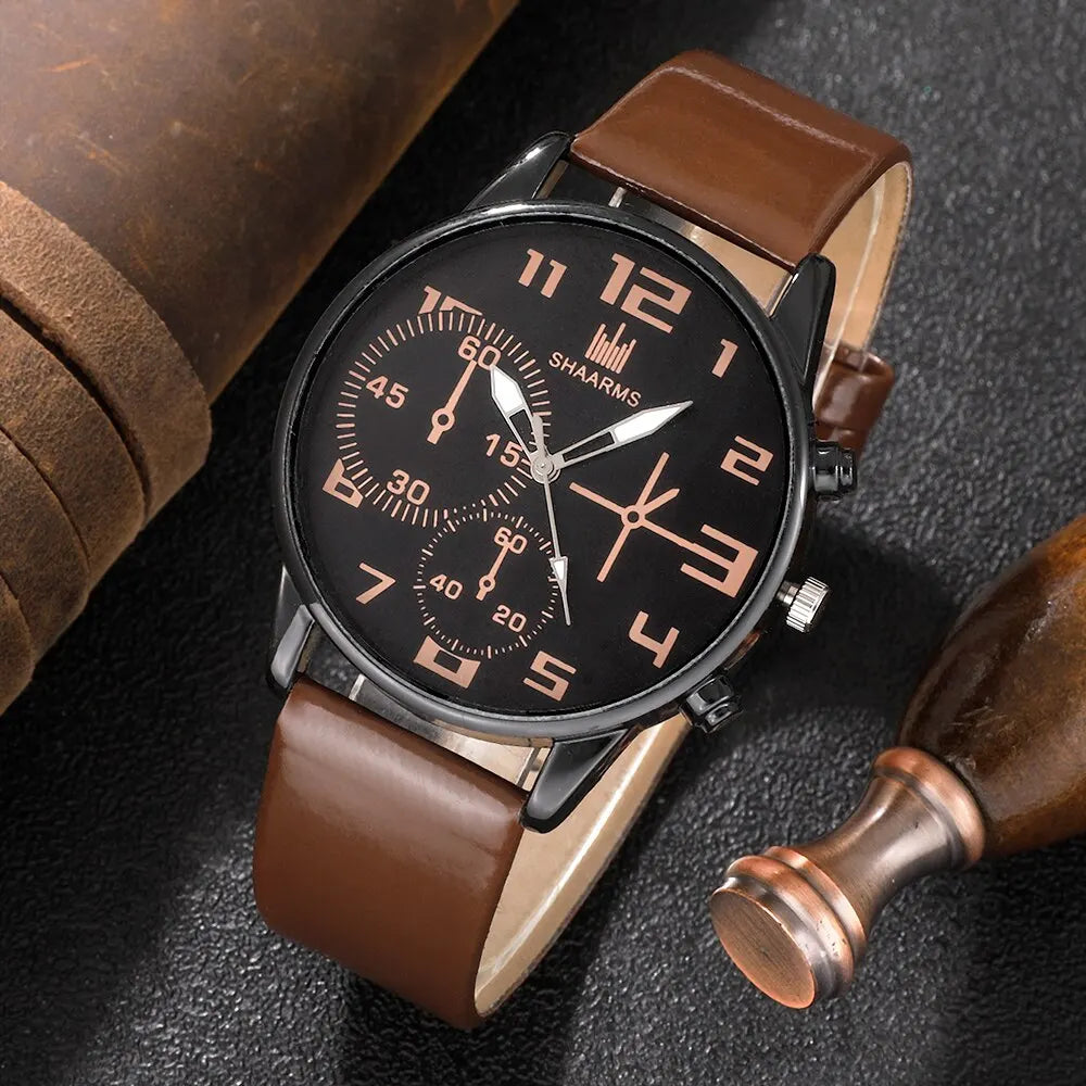 Men's sports watch set with five retro brown leather strap watches featuring large dials and quartz movement from Hot Trend Vault.