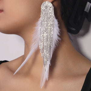 Stonefans tassel feather earrings with geometric crystal drops, boho-style wedding jewelry for women by Hot Trend Vault.
