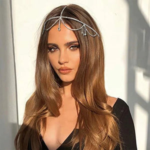 Crystal bridal forehead chain with stone fans and bling details, luxurious headpiece for women from Hot Trend Vault.