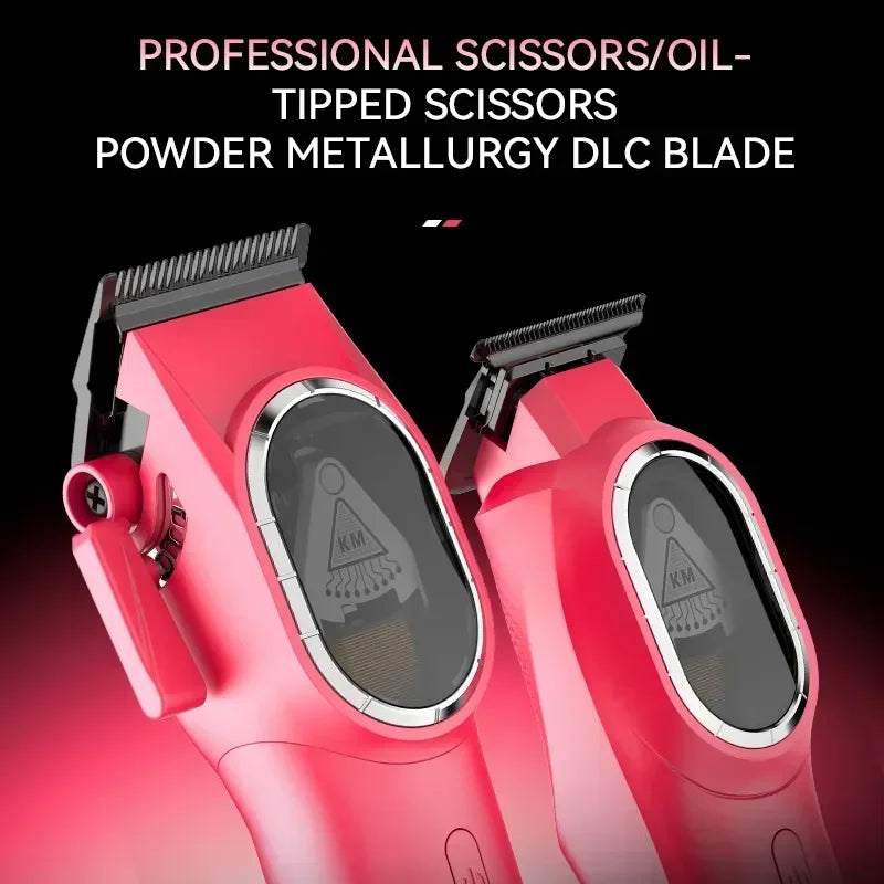 Kemei KM-8502 cordless hair clipper kit with attachments, displayed with blades and accessories for home grooming.