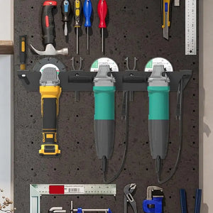 Wall-mounted angle grinder storage rack from Hot Trend Vault, ideal for organizing workshop tools and accessories.